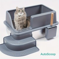 【AutoScoop】 Portable Large Stainless Steel Cat Litter Box with Steps - Perfect for Large Cats
