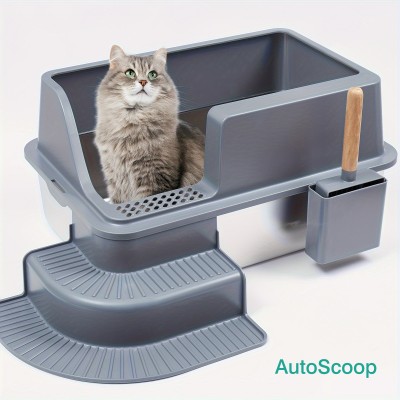 【AutoScoop】 Portable Large Stainless Steel Cat Litter Box with Steps - Perfect for Large Cats