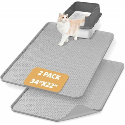 Bartuke---- Cat Litter Mat, 2 Pack Large 34" x 22" Silicone Mat Litter Trapping Mat for Scatter Control, Soft on Kitty Paws, Easy to Clean (Light Grey)