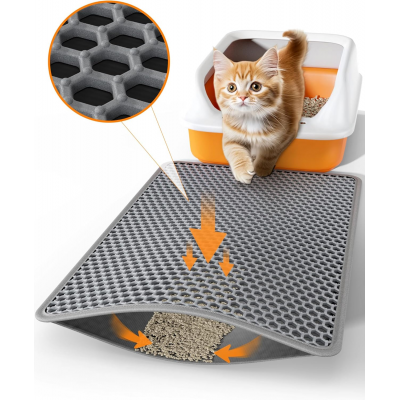 Powools Cat Litter Mat - 23.2" x 14.6" Small Litter Box Mat with Double Layers, Urine-Proof and Non-Slip Litter Trapping Mat, Easy to Clean Kitty Litter Mats for Floor, Scatter Control, Grey